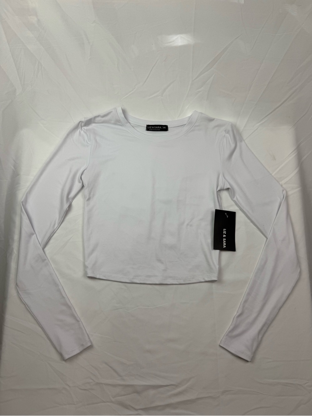 Liz & Sara White Long-Sleeve Cropped Crewneck Top - Slim Fit